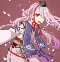 Rule 34 | 10s, 1boy, androgynous, bad id, bad pixiv id, chin strap, hat, ima-no-tsurugi, japanese clothes, long hair, male focus, masunosushi, open mouth, personification, petals, red eyes, silver hair, smile, solo, tokin hat, touken ranbu