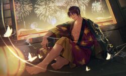Rule 34 | 1boy, absurdres, aerial fireworks, animal print, bandage over one eye, barefoot, between fingers, black hair, butterfly print, closed mouth, collarbone, commentary request, fireworks, full body, gintama, grey eyes, hair over one eye, half-closed eye, highres, holding, holding smoking pipe, indoors, japanese clothes, kimono, kiseru, looking at viewer, male focus, night, print kimono, purple kimono, riz3, sitting, smile, smoke, smoking pipe, soles, solo, takasugi shinsuke