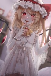 Rule 34 | 1girl, blonde hair, blood, blood on face, blood on hands, bow, bowtie, breasts, brooch, camisole, chemise, cleavage, collar, detached sleeves, dress, fangs, finger to mouth, fingernails, flandre scarlet, gloves, hat, hat ribbon, highres, hisu (hisu ), jewelry, lace, lace-trimmed dress, lace-trimmed gloves, lace-trimmed headwear, lace trim, medium hair, mob cap, nail polish, one side up, red bow, red nails, red ribbon, ribbon, small breasts, solo, touhou, white collar, white hat, wings