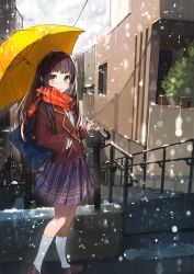 Rule 34 | 1girl, :d, bag, blush, brown eyes, hand in pocket, highres, kneehighs, loafers, long hair, looking at viewer, mika pikazo, open mouth, original, pleated skirt, railing, scarf, school bag, school uniform, shoes, skirt, smile, snowing, socks, solo, stairs, umbrella, white socks
