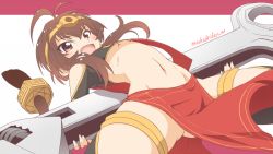 Rule 34 | 1girl, :d, arched back, bare shoulders, breasts, brown eyes, brown hair, crown, monkey tail, monkey wrench (ole tower), navel, ole tower, open mouth, short hair, small breasts, smile, solo, tail, underboob, yuto (dialique)
