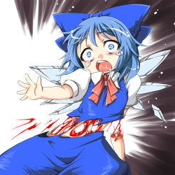 Rule 34 | 1girl, blood, blue hair, broken glass, cirno, crying, crying with eyes open, embodiment of scarlet devil, glass, guro, hair ribbon, ice, ice wings, injured wings, injury, open mouth, outstretched arm, outstretched hand, reaching, ribbon, saliva, severed limb, severed torso, short hair, solo, tajima yuuki, tears, teeth, touhou, wings