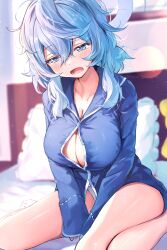 Rule 34 | 1girl, absurdres, ako (blue archive), bed, bed sheet, blue archive, blue eyes, blue hair, blurry, blurry background, breasts, button gap, cleavage, collarbone, commentary request, foot out of frame, halo, highres, large breasts, light blush, long sleeves, looking down, medium hair, messy hair, no pants, on bed, open mouth, panties, partially unbuttoned, signature, sitting, sleepwear, sleepy, solo, tsubameno, underwear, waking up, wariza