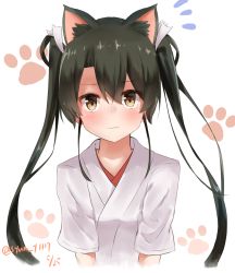 Rule 34 | 1girl, animal ears, blush, cat ears, dated, green eyes, green hair, highres, japanese clothes, kantai collection, long hair, shun (syun y1117), simple background, solo, twintails, twitter username, upper body, wavy mouth, white background, zuikaku (kancolle)