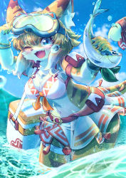 Rule 34 | 1girl, absurdres, adjusting goggles, animal ears, arm up, bikini, blush, bracelet, breasts, day, fang, fish, furry, furry female, goggles, goggles on head, green eyes, highres, jewelry, large breasts, looking at viewer, mia (world flipper), navel, open mouth, orange fur, outdoors, shiitake fuumi, skin fang, smile, solo, swimsuit, tail, tiger ears, tiger girl, tiger tail, water, white bikini, white fur, world flipper