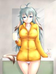 Rule 34 | 1girl, animal ears, antenna hair, blue eyes, breasts, cleavage, cup, green hair, large breasts, long hair, messy hair, mirror, mouth hold, no pants, original, panties, solo, tail, toothbrush, underwear, yamada gyuugo