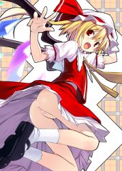 Rule 34 | 1girl, ass, blonde hair, fang, female focus, flandre scarlet, hat, legs, no panties, poco (asahi age), ponytail, pussy, red eyes, short hair, side ponytail, skirt, solo, third-party edit, touhou, uncensored, upskirt, wings