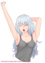 Rule 34 | 1girl, armpits, blue eyes, breasts, highres, long hair, notasuspiciousguy, one eye closed, open mouth, original, simple background, small breasts, solo, tank top, upper body, white background, yawning