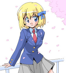 Rule 34 | 1girl, blonde hair, blue bow, blue eyes, blue jacket, bow, cherry blossoms, commission, falling petals, fence, grey skirt, hair bow, jacket, leaning back, looking at viewer, masuki, necktie, original, petals, pleated skirt, red necktie, shirt, short hair, skeb commission, skirt, solo, standing, white shirt