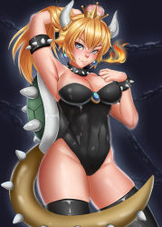 Rule 34 | 1girl, absurdres, arm up, armlet, armpits, bare shoulders, black thighhighs, blonde hair, blue background, blue eyes, bowsette, bracelet, breasts, chain, cleavage, collar, covered navel, cowboy shot, fang, highres, horns, jewelry, large breasts, leotard, long hair, looking at viewer, mario (series), new super mario bros. u deluxe, nintendo, parted lips, pashapencil, playboy bunny, ponytail, slit pupils, solo, spiked armlet, spiked bracelet, spiked collar, spiked shell, spiked tail, spikes, strapless, super crown, tail, thighhighs, thighs