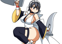 Rule 34 | 1girl, :&gt;, apron, artist request, ass, black eyes, black hair, blush, breasts, butterfly swords, cleavage, curvy, fighting stance, flipped hair, hair ornament, highres, holding, holding weapon, huge ass, iroha (samurai spirits), large breasts, leotard, looking to the side, maid, maid headdress, revealing clothes, samurai spirits, shiny skin, short hair, simple background, solo, standing, standing on one leg, thighhighs, weapon, white apron, white background, wide hips