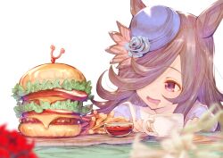 1girl brown_hair burger cup drooling food french_fries hair_over_one_eye hat horse_girl long_hair looking_to_the_side mouth_drool open_mouth purple_eyes rice_shower_(umamusume) sailor_collar smile solo teacup umamusume usapenpen2019