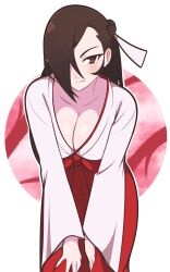 Rule 34 | 1girl, absurdres, breasts, brown eyes, brown hair, cleavage, closed mouth, collarbone, fire emblem, fire emblem fates, hair over one eye, hakama, highres, japanese clothes, jeff miga, kagero (fire emblem), kimono, large breasts, leaning forward, long hair, looking at viewer, miko, nintendo, red hakama, solo, white background, white kimono