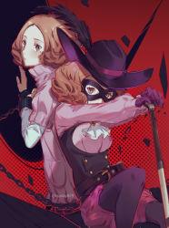 Rule 34 | 2girls, ascot, bad id, bad pixiv id, brown eyes, brown hair, csyday, dual persona, gloves, hat feather, pantyhose under shorts, mask, multiple girls, okumura haru, pantyhose, persona, persona 5, pink sweater, puffy shorts, purple gloves, ribbed sweater, short hair, shorts, sweater, turtleneck