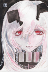 Rule 34 | 10s, 1girl, :&lt;, abyssal ship, anchorage oni, black background, eyelashes, high collar, highres, kantai collection, lips, long hair, looking at viewer, mixed media, painting (medium), pale skin, portrait, red eyes, signature, slit pupils, solo, tesun (g noh), traditional media, upper body, watercolor (medium), white hair
