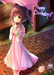 Rule 34 | 1girl, bare shoulders, bench, blush, brown eyes, brown hair, closed mouth, commentary request, crepe, day, dosu (yodosu), dress, flower, food, green scrunchie, hair flower, hair ornament, hair ribbon, happy birthday, holding, holding food, idolmaster, idolmaster cinderella girls, looking at viewer, looking to the side, off-shoulder dress, off shoulder, ogata chieri, outdoors, park bench, pink dress, pink flower, pink ribbon, puffy short sleeves, puffy sleeves, ribbon, scrunchie, short sleeves, sign, smile, solo, striped ribbon, twintails, walking, white flower, wrist scrunchie