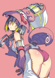 Rule 34 | 1girl, ass, bare shoulders, black gloves, breasts, brown eyes, capcom, chameleos (armor), covered erect nipples, gloves, grey hair, hat, leaning forward, looking at viewer, mizuha armor, monster hunter (series), no bra, pink background, sasaoka gungu, short hair, simple background, slime (substance), small breasts, solo, weapon, wedgie