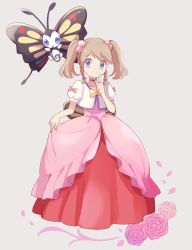 Rule 34 | 1girl, alternate costume, alternate hairstyle, artist name, bad id, bad pixiv id, beautifly, blue eyes, blush, bow, braid, brown hair, choker, closed mouth, collarbone, creatures (company), cropped jacket, dress, female focus, flat chest, flower, full body, game freak, gen 3 pokemon, grey background, hair bobbles, hair bow, hair ornament, hand up, happy, jacket, light blush, looking at viewer, may (pokemon), mei (maysroom), nintendo, pink bow, pink dress, pink flower, pink rose, pointing, pointing up, pokemon, pokemon (anime), pokemon (creature), pokemon rse (anime), puffy short sleeves, puffy sleeves, red choker, rose, short sleeves, signature, simple background, smile, standing, swept bangs, twin braids, twintails, white jacket, wings, yellow bow