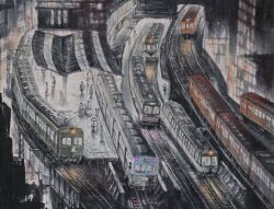 6+others absurdres building city city_lights dark from_above highres multiple_others night original painting_(medium) pantograph railroad_tracks scenery shibuya_station tanamachi_yoshihiro tokyo_(city) traditional_media train train_station train_station_platform window