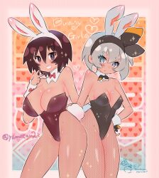 Rule 34 | 1girl, 2girls, animal ears, arm around waist, artist name, azumanga daiou, bare shoulders, bea (pokemon), black bow, black bowtie, black hairband, black leotard, black ribbon, blue background, blue eyes, blush, bob cut, bow, bowtie, breasts, bright pupils, brown eyes, brown hair, brown leotard, cleavage, closed mouth, collarbone, commentary, commission, cowboy shot, creatures (company), crossover, curvy, dark-skinned female, dark skin, detached collar, detached sleeves, english text, expressionless, eyelashes, fake animal ears, fake tail, fishnet pantyhose, fishnets, game freak, gradient background, grey hair, grin, groin, hair between eyes, hair ribbon, hairband, halftone, halftone background, halftone texture, hand on another&#039;s back, hand on own hip, heart, heart background, highleg, highleg leotard, highres, kagura (azumanga daioh), large breasts, leotard, looking at viewer, medium breasts, multiple girls, nintendo, orange background, pantyhose, parted lips, pink background, playboy bunny, plunging neckline, pokemon, pokemon swsh, rabbit ears, rabbit tail, red bow, red bowtie, ribbon, shiny skin, short hair, signature, smile, sparkle, standing, strapless, strapless leotard, tail, tan, thick eyebrows, thighs, trait connection, twitter username, v, v over mouth, white hairband, white pupils, wide hips, wrist cuffs, y.o (chuchu)