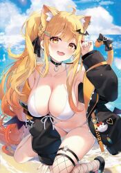 Rule 34 | 1girl, ahoge, alternate costume, animal ears, armpit crease, armpits, ayamy, bare shoulders, bat hair ornament, beach, between legs, bikini, black bow, black choker, black jacket, blonde hair, bow, braid, breasts, cat ears, cat girl, cat tail, choker, cleavage, collarbone, commentary, day, extra ears, fang, fishnet thighhighs, fishnets, front-tie bikini top, front-tie top, gradient hair, hair ornament, hair ribbon, hairclip, halterneck, hand between legs, hand up, heart, highres, hololive, jacket, kemonomimi mode, kneeling, large breasts, long hair, long sleeves, looking at viewer, multicolored hair, nail polish, navel, off shoulder, open clothes, open jacket, open mouth, orange eyes, outdoors, ribbon, sandals, side ponytail, sidelocks, single thighhigh, skin fang, skindentation, smile, solo, stomach, string bikini, swimsuit, tail, tail bow, tail ornament, tail raised, thigh strap, thighhighs, thighs, twintails, very long hair, virtual youtuber, white bikini, yozora mel, yozora mel (streetwear)