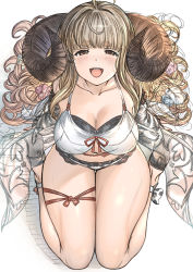 Rule 34 | 1girl, :d, aldehyde, anila (granblue fantasy), anila (summer) (granblue fantasy), blonde hair, breasts, brown eyes, brown horns, cleavage, collarbone, curled horns, draph, from above, granblue fantasy, highres, horns, large breasts, long hair, looking at viewer, open mouth, simple background, sitting, smile, solo, thick eyebrows, thighs, wariza, white background