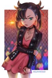 Rule 34 | 1girl, alternate breast size, asymmetrical bangs, backlighting, black choker, black hair, black jacket, blush, border, breasts, chain-link fence, choker, cleavage, collarbone, cowboy shot, creatures (company), dress, earrings, fence, game freak, green eyes, hair ribbon, hand on own arm, highres, holding, holding poke ball, jacket, jewelry, leaning to the side, lens flare, long hair, looking at viewer, marnie (pokemon), medium breasts, nintendo, open clothes, open jacket, open mouth, outdoors, outside border, pink dress, poke ball, poke ball (basic), pokemon, pokemon swsh, red ribbon, ribbon, solo, sunlight, twintails, twitter username, ubi (ekdus6080), v-shaped eyebrows, white border