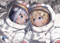 Rule 34 | 2girls, astronaut, blonde hair, blue eyes, blunt bangs, blush, character name, closed mouth, commentary, earth (planet), english commentary, gawr gura, grin, hair ornament, helmet, hololive, hololive english, hood, kiirokuma, looking at another, monocle, multiple girls, planet, reflection, shark hair ornament, short hair, smile, space helmet, spacesuit, upper body, virtual youtuber, watson amelia
