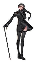 Rule 34 | 1girl, absurdres, adela gro, black eyes, black footwear, black hair, black survival, black thighhighs, boots, braid, cane, coat, full body, glasses, hand on own chin, high heel boots, high heels, highres, holding, logo, long hair, long sleeves, official art, one touch, over-rim eyewear, semi-rimless eyewear, solo, standing, thighhighs, transparent background
