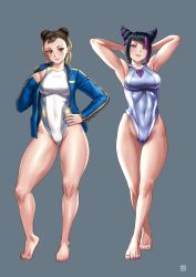 Rule 34 | 1girl, barefoot, black hair, blue jacket, breasts, brown eyes, brown hair, capcom, chun-li, commentary request, competition swimsuit, covered navel, double bun, finalcake, full body, grey background, grey one-piece swimsuit, hair bun, hair horns, hair ribbon, han juri, highleg, highleg swimsuit, highres, jacket, long hair, looking at viewer, medium breasts, one-piece swimsuit, purple eyes, ribbon, simple background, solo, standing, street fighter, street fighter 6, swimsuit, two-tone swimsuit, white one-piece swimsuit
