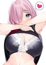 Rule 34 | 1girl, bare shoulders, blush, breasts, cleavage, fate/grand order, fate (series), hair over one eye, large breasts, light purple hair, looking at viewer, mash kyrielight, netarou, purple eyes, short hair, solo