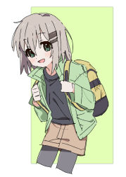 Rule 34 | 1girl, backpack, bag, black pantyhose, black shirt, blush, border, brown skirt, commentary request, cropped legs, eezee56, green background, green eyes, green jacket, hair ornament, hairclip, high collar, holding strap, jacket, leaning forward, light brown hair, long sleeves, medium hair, open clothes, open jacket, open mouth, outside border, pantyhose, shirt, skirt, smile, solo, tareme, white border, yama no susume, yukimura aoi