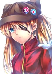Rule 34 | 10s, 1girl, animal hat, badge, blue eyes, brown hair, button badge, cat hat, evangelion: 3.0 you can (not) redo, eyepatch, hat, jacket, lapel pin, long hair, neon genesis evangelion, pin, rebuild of evangelion, solo, souryuu asuka langley, track jacket, two side up, upper body, vegas (akg)