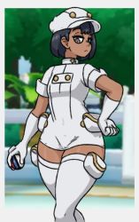 Rule 34 | 1girl, adapted costume, aether foundation employee, aether foundation employee (female), black hair, creatures (company), dark-skinned female, dark skin, game freak, great ball, grey eyes, half-closed eyes, hand on own hip, hat, looking down, nintendo, poke ball, pokemon, pokemon sm, pouch, rottedpaint, short hair, skirt, solo, thick thighs, thighhighs, thighs, wide hips
