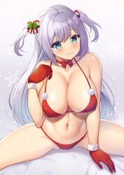 Rule 34 | 1girl, absurdres, bed sheet, bikini, blue eyes, blush, bow, breasts, christmas, cleavage, closed mouth, collarbone, come hither, commentary request, gloves, grey hair, highres, large breasts, long hair, looking at viewer, multicolored hair, navel, original, pinesphere, red bikini, red bow, red gloves, santa bikini, sitting, smile, snowflakes, spread legs, stomach, swimsuit, thighs, two-tone hair, two side up