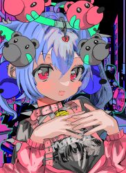 Rule 34 | 1girl, absurdres, animal ears, bell, blue hair, blush, collar, fang, hair ornament, halo, highres, long sleeves, looking at viewer, momae makku, neck bell, open mouth, original, pink eyes, smile, solo