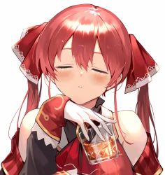 Rule 34 | 1girl, alcohol, animated, bare shoulders, blush, cup, closed eyes, gloves, hair ribbon, heart, highres, holding, holding cup, hololive, houshou marine, kakage, long hair, no headwear, no headwear, off shoulder, red hair, ribbon, simple background, solo, striped, twintails, upper body, video, virtual youtuber, whiskey, white background, white gloves