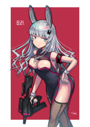 Rule 34 | 1girl, animal ears, armband, breasts, cleavage cutout, clothing cutout, dress, fishnet thighhighs, fishnets, gia, gloves, gun, hair ornament, hand on own hip, highres, holding, holding gun, holding weapon, long hair, looking at viewer, medium breasts, multicolored eyes, original, pelvic curtain, rabbit ears, rabbit tail, side slit, silver hair, simple background, sleeveless, solo, tail, thighhighs, trigger discipline, two-tone background, weapon, white gloves