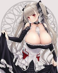 1girl absurdres azur_lane black_nails blunt_bangs blush breasts cleavage closed_mouth clothes_lift collarbone detached_collar detached_sleeves dress dress_lift earrings formidable_(azur_lane) grey_background grey_hair hair_ribbon highres jewelry large_breasts long_dress long_hair looking_at_viewer nail_polish nameko_houshi red_eyes ribbon skirt_hold solo twintails