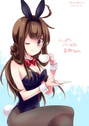 Rule 34 | absurdres, alternate costume, animal ears, black leotard, black pantyhose, blue background, bow, bowtie, breasts, brown hair, covered navel, cup, dated, detached collar, double bun, fake animal ears, gradient background, hair between eyes, hair bun, highres, holding, holding cup, kantai collection, kongou (kancolle), leotard, long hair, looking at viewer, medium breasts, momokaze kuri, one eye closed, pantyhose, plate, playboy bunny, purple eyes, rabbit ears, rabbit tail, strapless, strapless leotard, tail, teacup, twitter username, white background