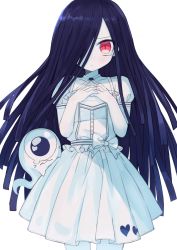 Rule 34 | 1girl, black hair, blush, bow, closed mouth, cyclops, dress, ghost, hair over one eye, hands up, highres, hitodama, ketopon, long hair, looking at viewer, one-eyed, original, pale skin, pleated dress, puffy short sleeves, puffy sleeves, revision, short sleeves, simple background, solo, very long hair, white background, white bow, white dress