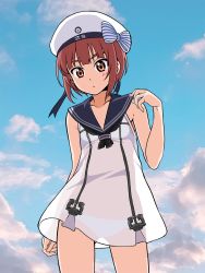 Rule 34 | 10s, 1girl, anchor, blush, bra, brown eyes, brown hair, day, expressionless, hat, highres, hiroyuki, kantai collection, looking at viewer, looking down, panties, revision, sailor collar, see-through, short hair, sky, solo, underwear, white bra, white hat, white panties, z3 max schultz (kancolle)