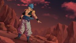 Rule 34 | 1boy, 44vkck, blue eyes, blue hair, blue sash, clenched hand, closed mouth, commentary request, dragon ball, dragon ball super, dragon ball super broly, dutch angle, full body, gogeta, highres, korean commentary, male focus, metamoran vest, muscular, muscular male, pants, pectorals, sash, serious, sky, solo, spiked hair, standing, super saiyan, super saiyan blue, white pants