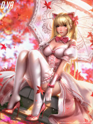 Rule 34 | 1girl, adjusting clothes, adjusting shoe, alternate color, animal ears, autumn leaves, backlighting, black cat d.va, blonde hair, bow, bowtie, breasts, brown eyes, cat ears, character name, cleavage, commentary, corset, d.va (overwatch), day, dress, facepaint, facial mark, full body, gloves, hair bow, high heels, holding, holding umbrella, knees together feet apart, lace, lace-trimmed dress, lace trim, liang xing, lips, looking at viewer, medium breasts, medium hair, nose, official alternate costume, outdoors, overwatch, overwatch 1, pink bow, pink lips, realistic, red footwear, removing shoes, shoe dangle, short sleeves, sitting, solo, thighhighs, twintails, umbrella, watermark, web address, whisker markings, white dress, white gloves, white thighhighs