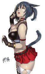 Rule 34 | 10s, 1girl, animal ears, black hair, breasts, cat ears, cat tail, cleavage, cowboy shot, final fantasy, final fantasy xiv, fingerless gloves, gloves, highres, houtengeki, large breasts, long hair, miqo&#039;te, open mouth, shiny skin, simple background, skindentation, skirt, solo, star (symbol), star print, tail, thighhighs, twintails, warrior of light (ff14), white background, zettai ryouiki