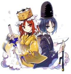 Rule 34 | 2others, androgynous, arrow (projectile), blue eyes, blue hair, bow (weapon), crown, frilled hat, frills, hat, highres, holding, holding sword, holding weapon, japanese clothes, kariginu, kashiwagi kaoru, len&#039;en, multiple others, ooya kunimitsu, red eyes, red hair, short hair, smile, sword, tate eboshi, turtleneck, vest, weapon