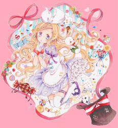 Rule 34 | 1girl, alice (alice in wonderland), alice in wonderland, black footwear, blonde hair, blue eyes, blush, bow, braid, candy, card, commentary request, cookie, cupcake, dress, flower, food, frilled gloves, frilled skirt, frills, gloves, hair bow, hand on own chin, hat, heart, heart print, highres, legwear garter, light blush, lollipop, long hair, marker (medium), mary janes, own hands together, painting (medium), petticoat, pink background, playing card, pocket watch, rabbit, red bow, red ribbon, ribbon, shoes, short sleeves, skirt, solo, spoon, thighhighs, top hat, traditional media, uni (setsuna gumi39), watch, watercolor (medium), wavy mouth, white bow, white gloves, white thighhighs