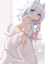Rule 34 | + +, 1girl, absurdres, animal ears, ass, azur lane, blue eyes, expressionless, fake animal ears, fake tail, from behind, highres, kneeling, le malin (azur lane), le malin (listless lapin) (azur lane), leotard, long hair, looking at viewer, official alternate costume, pantyhose, playboy bunny, qianqiu wanxia, rabbit ears, rabbit tail, sidelocks, silver hair, solo, tail, white leotard, white pantyhose, wrist cuffs