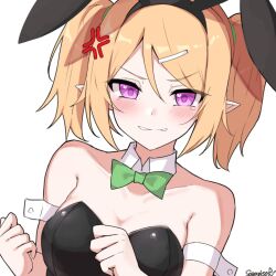 Rule 34 | 1girl, anger vein, animal ears, armband, bare shoulders, black leotard, blonde hair, blush, bow, bowtie, breasts, chloe (princess connect!), cleavage, clenched hands, detached collar, fake animal ears, hair ornament, hairband, hairclip, leotard, looking at viewer, medium breasts, playboy bunny, pointy ears, princess connect!, purple eyes, rabbit ears, sazamiso rx, short hair, sidelocks, signature, simple background, solo, twintails, upper body, v-shaped eyebrows, white background