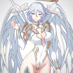 Rule 34 | 1girl, angel, angel wings, armor, blue eyes, blue hair, boots, breasts, center opening, covered navel, cropped, feathered wings, gem, gluteal fold, hair between eyes, halo, head wings, highleg, highleg leotard, highres, hip focus, holding, holding staff, hong soon-jae, large breasts, leotard, long sleeves, looking at viewer, multiple wings, original, photoshop (medium), short hair, shoulder armor, simple background, solo, staff, thighhighs, white leotard, white theme, white thighhighs, white wings, wings